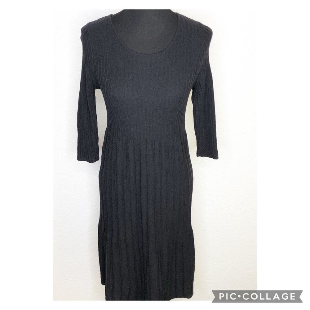 Eileen Fisher black ribbed knit wool midi dress size Petite Small PS/PP
